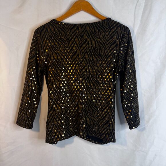 Dressbarn Animal Print Metallic Vneck Dressy Faux Wrap Blouse Cocktail Size MD - Picture 2 of 9